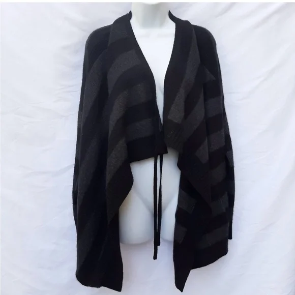 Vince Wrap Drape Front Cashmere Wool Alpaca Blend Sweater Black Gray Stripe EC M - Picture 6 of 16